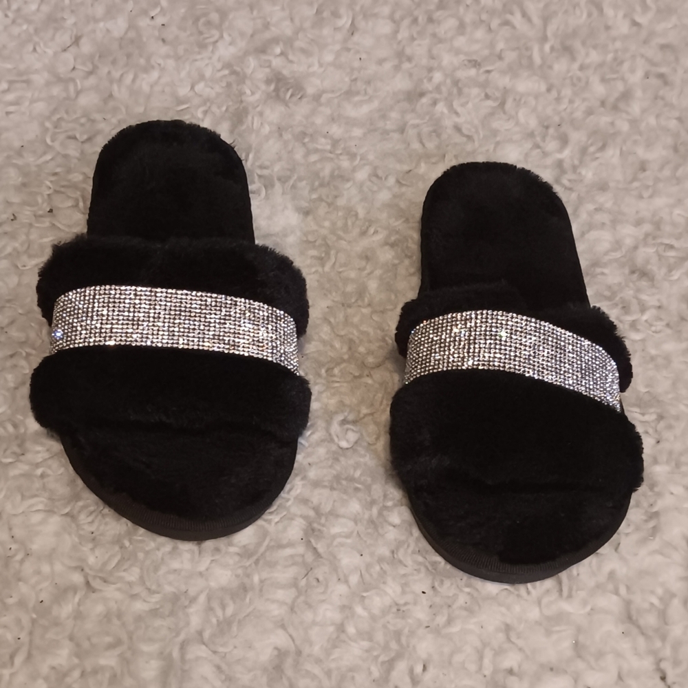 Women, Teens, Black Fuzzy Slippers with Diamond Accent 8-9